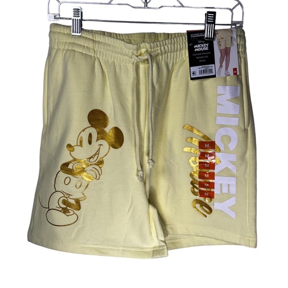 NWT Disney Mickey Mouse Gold Foil Graphic Athletic Shorts Women Size M Yellow - Picture 2 of 5